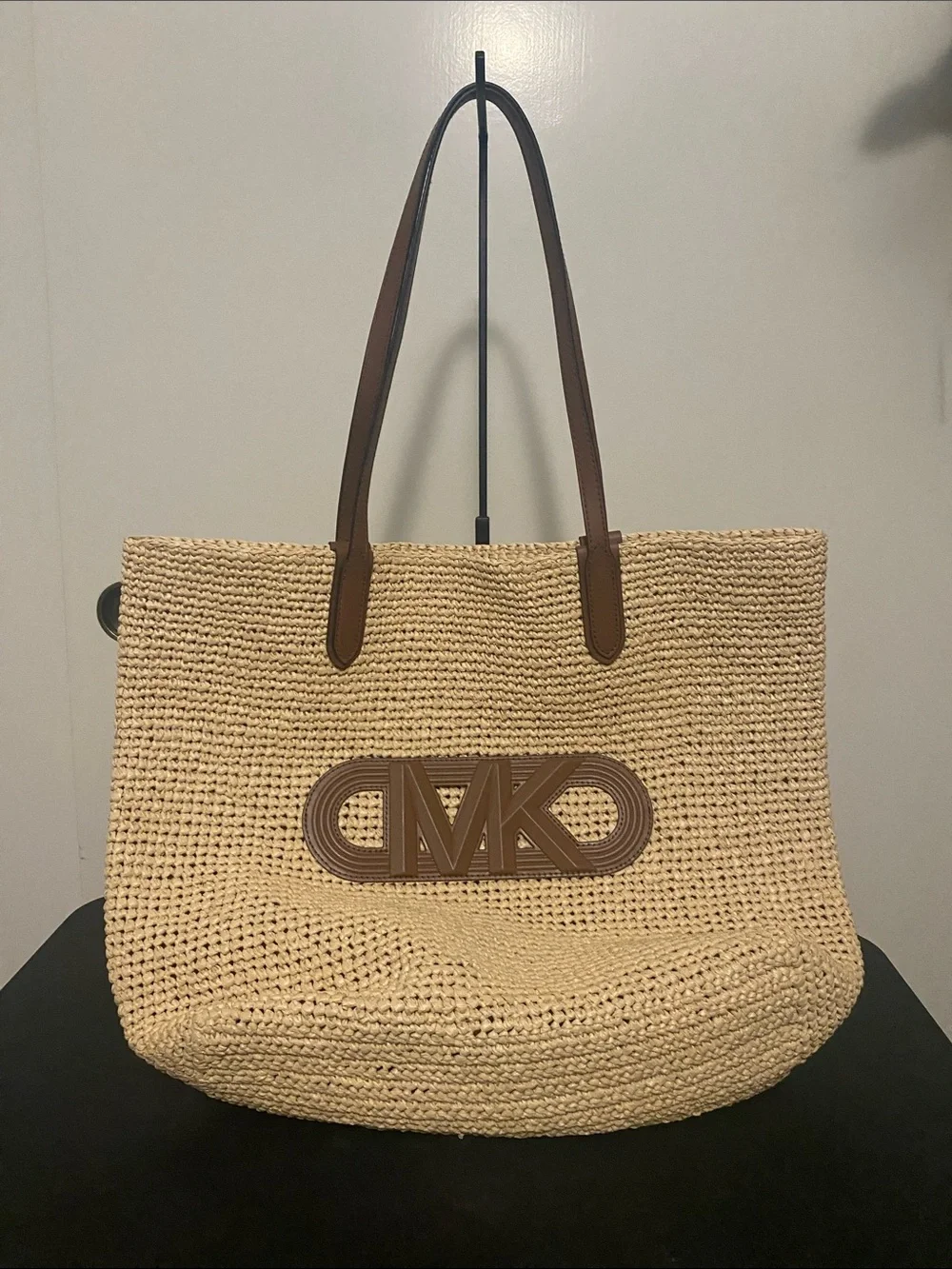 Michael Kors Natural Straw Tote with Brown Leather MK Logo